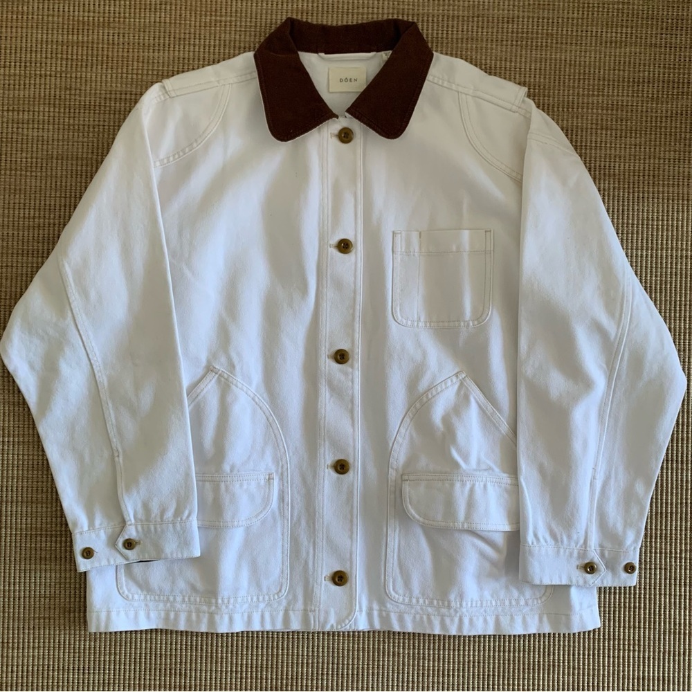 NWT Doen Pascual Cotton Denim Jean Corduroy Collar Button Barn Jacket Salt White - Picture 7 of 14